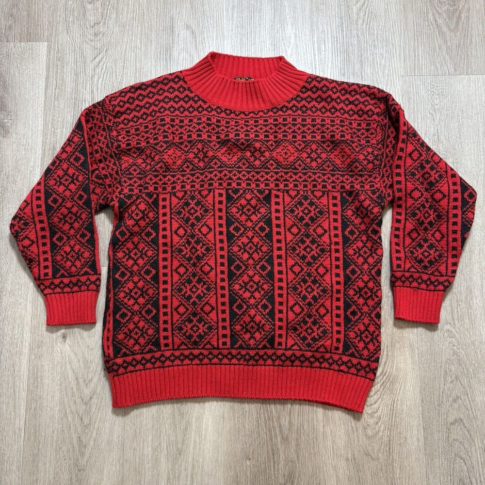 Vintage Club Tricot‎ Red Black Geometric Sweater Measures Size Large